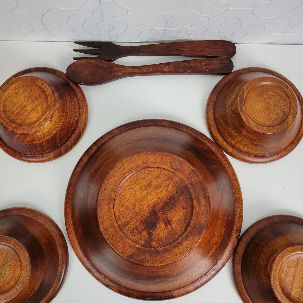 Wooden Salad Bowl Set with Tongs Vintage Kitchen Home Servings - Picture 3 of 7